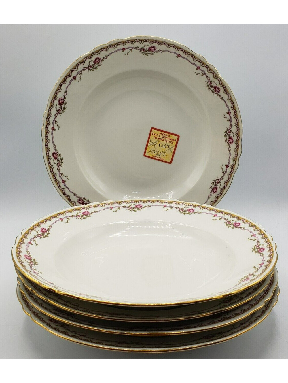 Vintage Bernardaud B&C Flat Rimmed Soup Bowls QTY 5 Limoges France Pink Roses